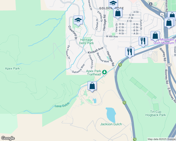 map of restaurants, bars, coffee shops, grocery stores, and more near 109 Crawford Circle in Golden