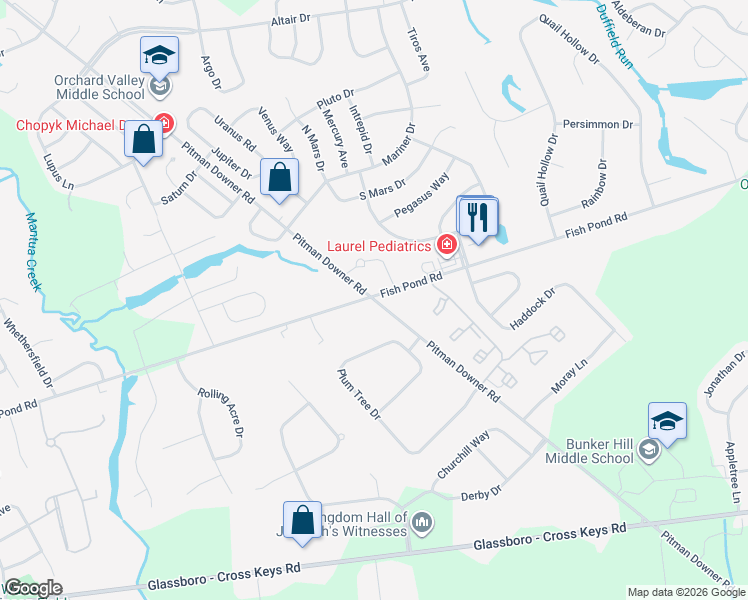 map of restaurants, bars, coffee shops, grocery stores, and more near 301 Pitman Downer Road in Washington Township