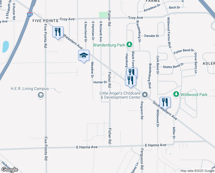 map of restaurants, bars, coffee shops, grocery stores, and more near 3518 Fisher Road in Indianapolis