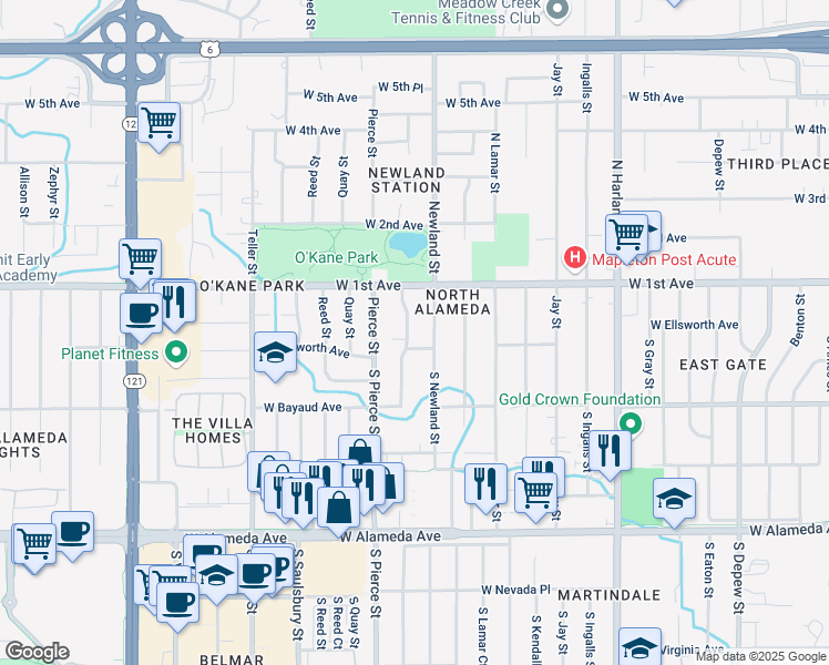 map of restaurants, bars, coffee shops, grocery stores, and more near 26 Newland Court in Lakewood