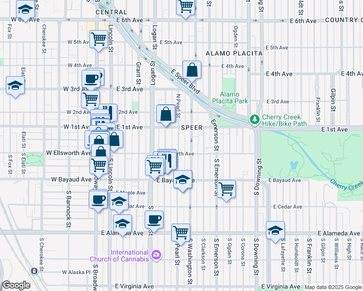 map of restaurants, bars, coffee shops, grocery stores, and more near 17 Pearl Street in Denver