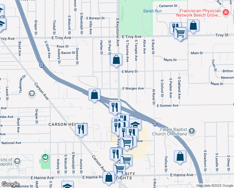 map of restaurants, bars, coffee shops, grocery stores, and more near 3312 South Keystone Avenue in Indianapolis