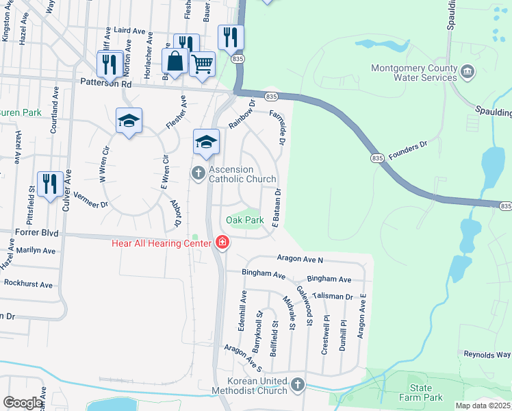 map of restaurants, bars, coffee shops, grocery stores, and more near 2054 Malcom Drive in Dayton
