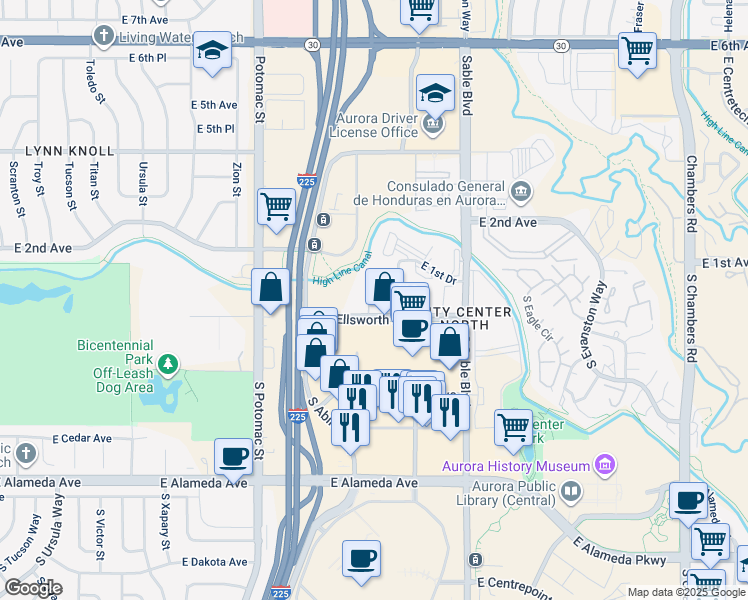 map of restaurants, bars, coffee shops, grocery stores, and more near 14211 East 1st Drive in Aurora