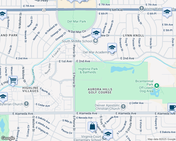 map of restaurants, bars, coffee shops, grocery stores, and more near 70 South Peoria Street in Aurora