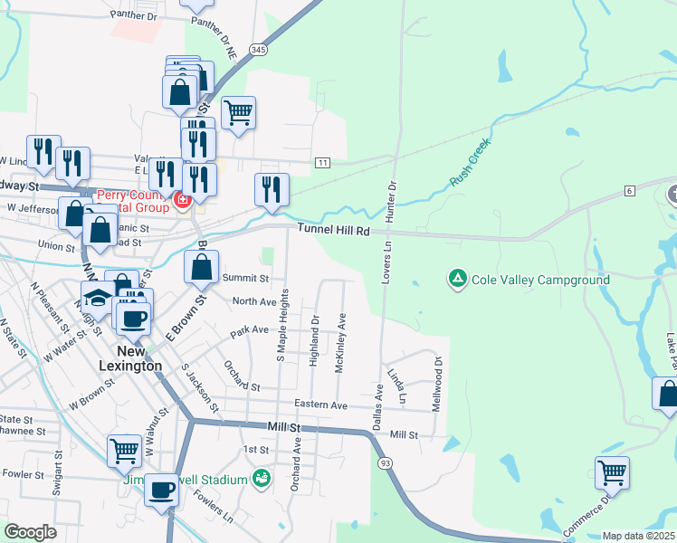 map of restaurants, bars, coffee shops, grocery stores, and more near 543 Summit Street in New Lexington