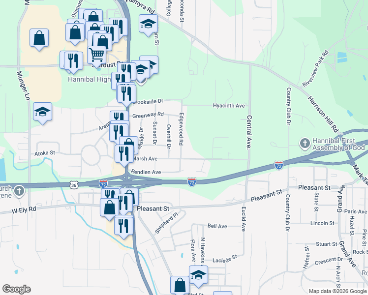 map of restaurants, bars, coffee shops, grocery stores, and more near 4007 Edgewood Road in Hannibal
