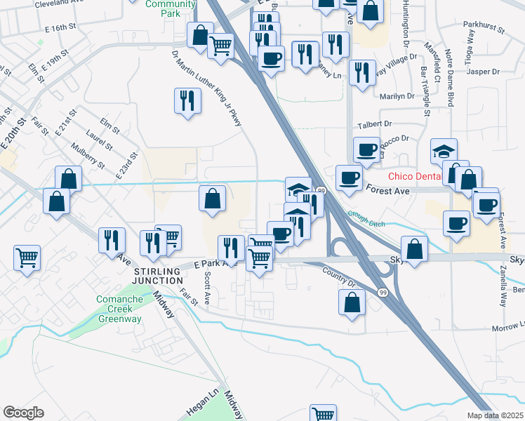 map of restaurants, bars, coffee shops, grocery stores, and more near 2475 Doctor Martin Luther King Junior Parkway in Chico