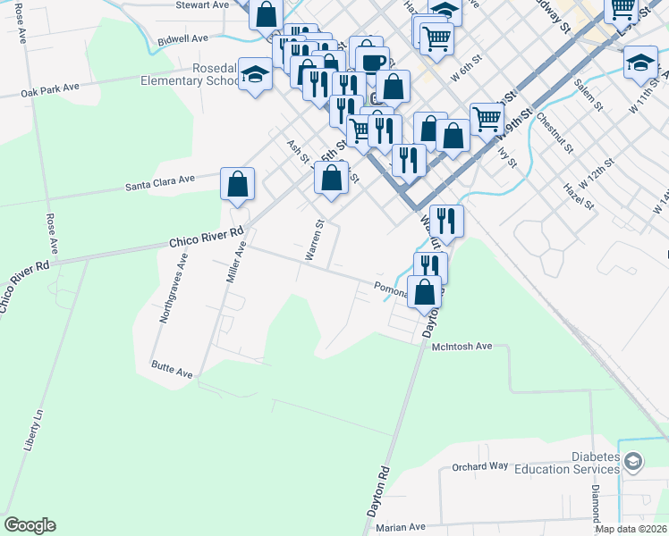 map of restaurants, bars, coffee shops, grocery stores, and more near 809 Pomona Avenue in Chico