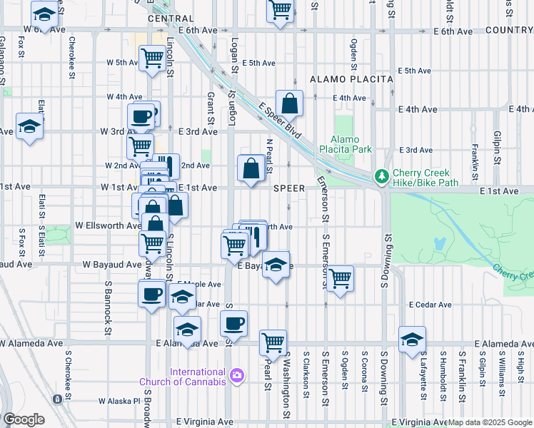 map of restaurants, bars, coffee shops, grocery stores, and more near 23 Pearl Street in Denver