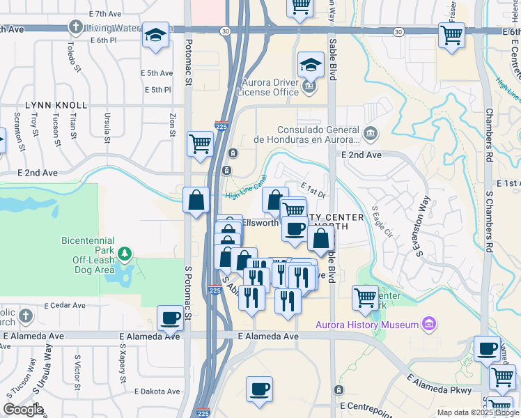 map of restaurants, bars, coffee shops, grocery stores, and more near 14221 East 1st Drive in Aurora