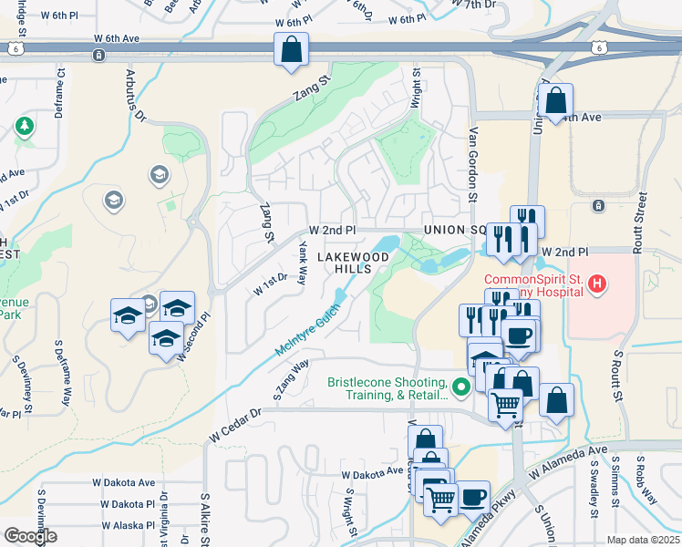 map of restaurants, bars, coffee shops, grocery stores, and more near 12584 West 1st Place in Lakewood