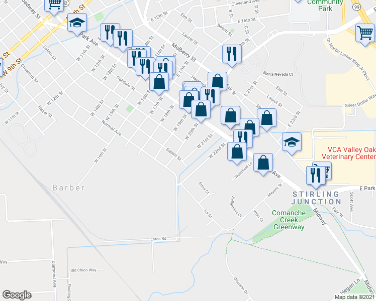 map of restaurants, bars, coffee shops, grocery stores, and more near 216 West 21st Street in Chico