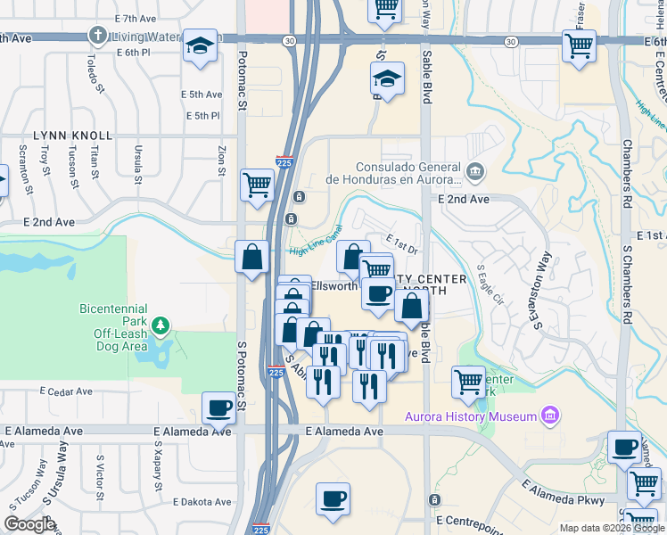 map of restaurants, bars, coffee shops, grocery stores, and more near 14221 East 1st Drive in Aurora