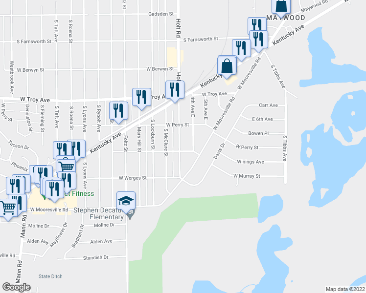 map of restaurants, bars, coffee shops, grocery stores, and more near 3151 South Holt Road in Indianapolis