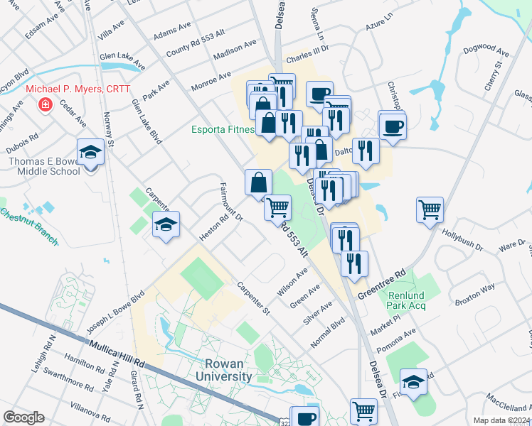 map of restaurants, bars, coffee shops, grocery stores, and more near 733 North Main Street in Glassboro
