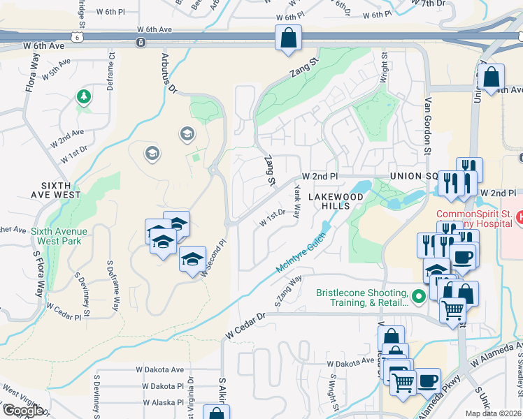 map of restaurants, bars, coffee shops, grocery stores, and more near 163 Zang Court in Lakewood