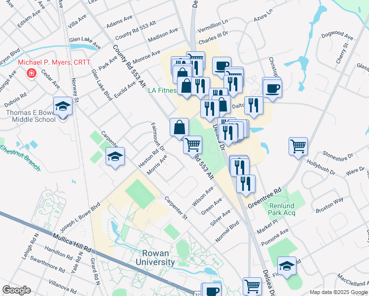 map of restaurants, bars, coffee shops, grocery stores, and more near 733 North Main Street in Glassboro
