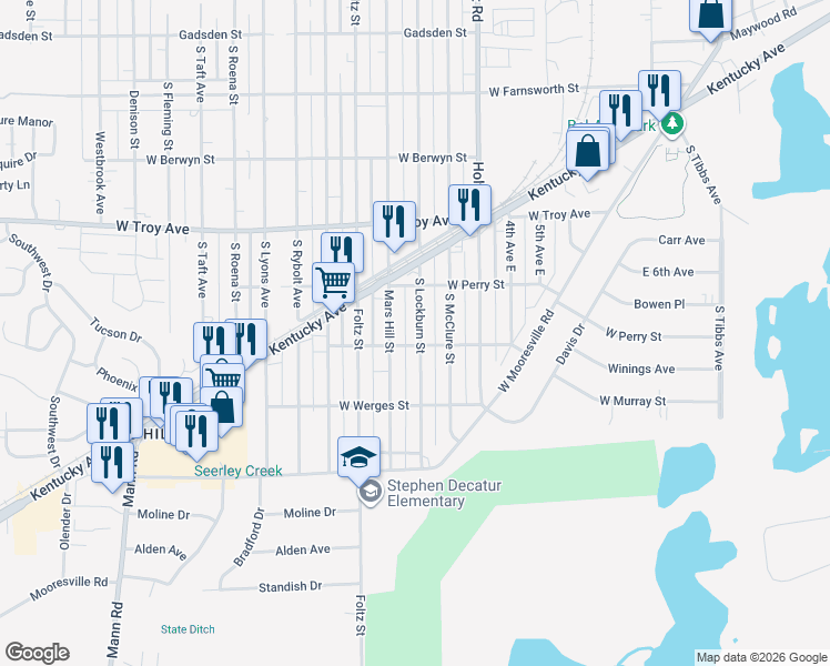 map of restaurants, bars, coffee shops, grocery stores, and more near 3150 South Lockburn Street in Indianapolis