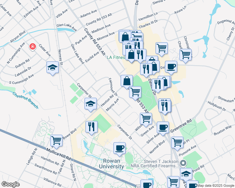 map of restaurants, bars, coffee shops, grocery stores, and more near 700 Fairmount Drive in Glassboro