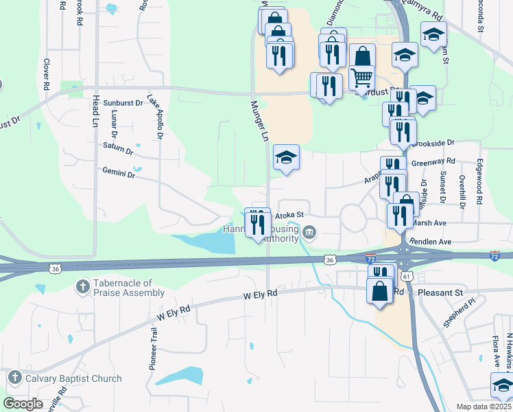 map of restaurants, bars, coffee shops, grocery stores, and more near 271 Munger Lane in Hannibal