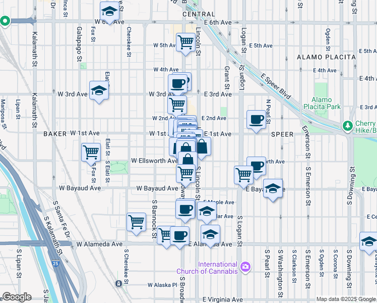 map of restaurants, bars, coffee shops, grocery stores, and more near in Denver