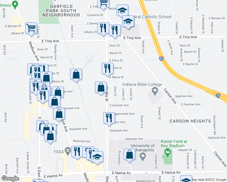 map of restaurants, bars, coffee shops, grocery stores, and more near 3324 Olive Street in Indianapolis
