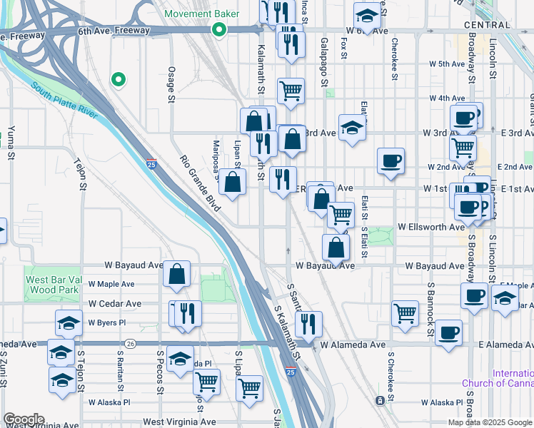 map of restaurants, bars, coffee shops, grocery stores, and more near 30 Kalamath Street in Denver