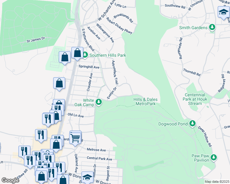 map of restaurants, bars, coffee shops, grocery stores, and more near 2550 South Patterson Boulevard in Dayton