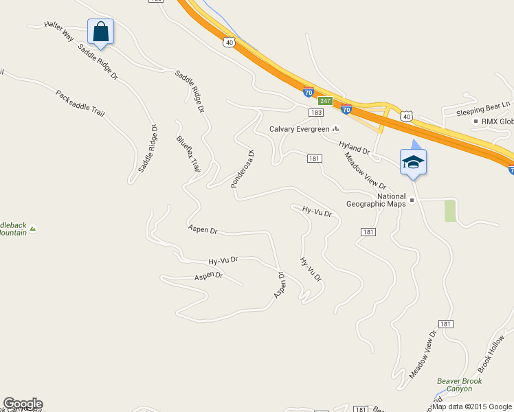 map of restaurants, bars, coffee shops, grocery stores, and more near 749 Ponderosa Dr in Evergreen