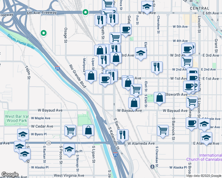 map of restaurants, bars, coffee shops, grocery stores, and more near 2 South Santa Fe Drive in Denver