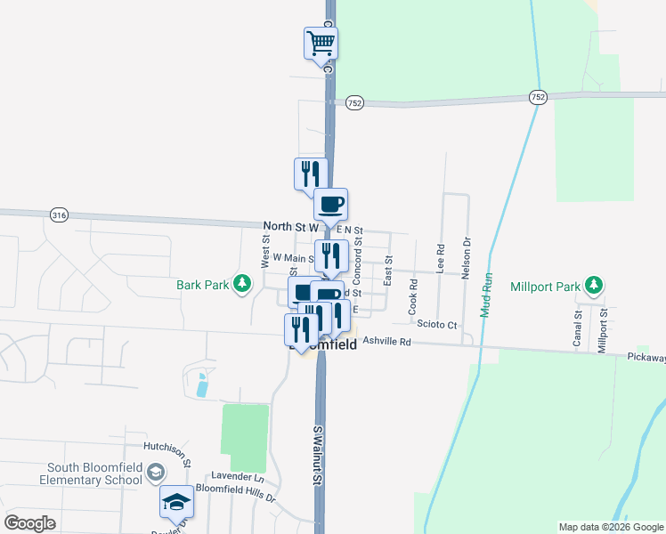 map of restaurants, bars, coffee shops, grocery stores, and more near 5011 East Main Street in South Bloomfield