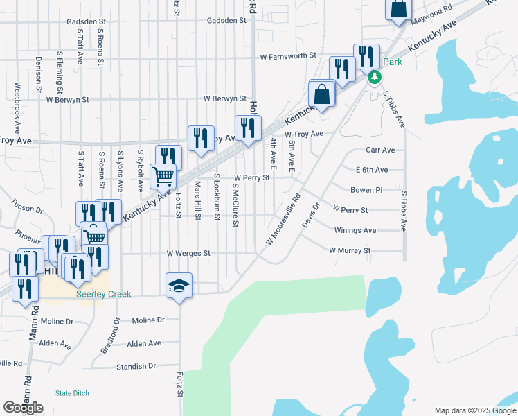 map of restaurants, bars, coffee shops, grocery stores, and more near 3149 South Holt Road in Indianapolis