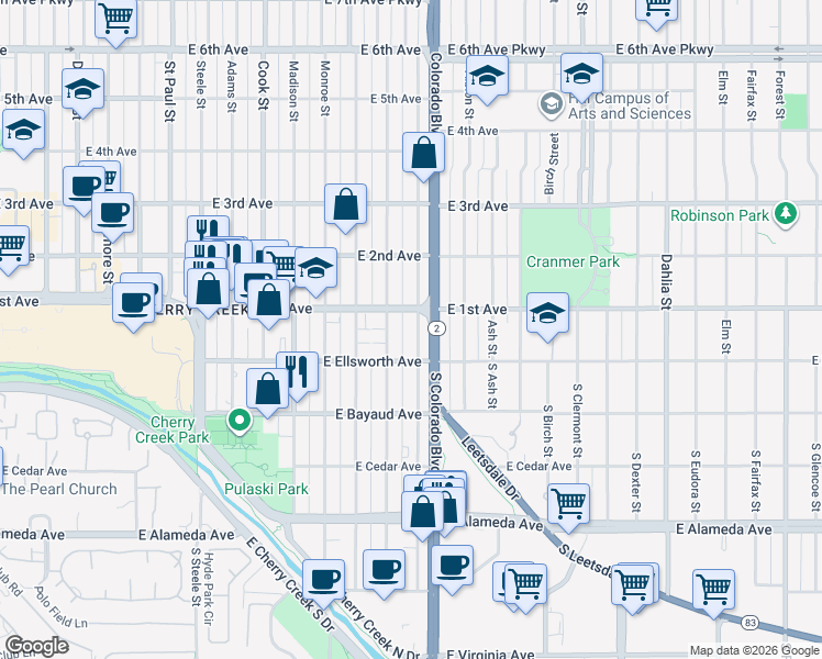 map of restaurants, bars, coffee shops, grocery stores, and more near in Denver