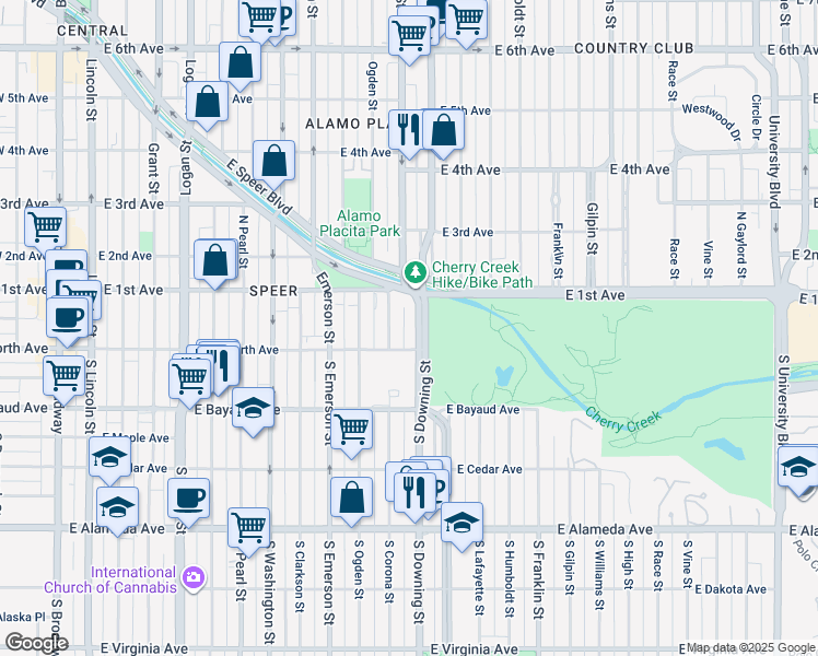 map of restaurants, bars, coffee shops, grocery stores, and more near 28 Corona Street in Denver