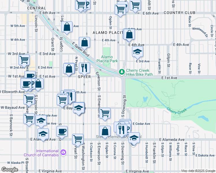 map of restaurants, bars, coffee shops, grocery stores, and more near 15 North Ogden Street in Denver