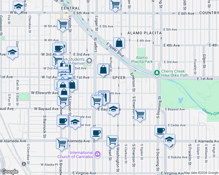 map of restaurants, bars, coffee shops, grocery stores, and more near 33 Pearl Street in Denver