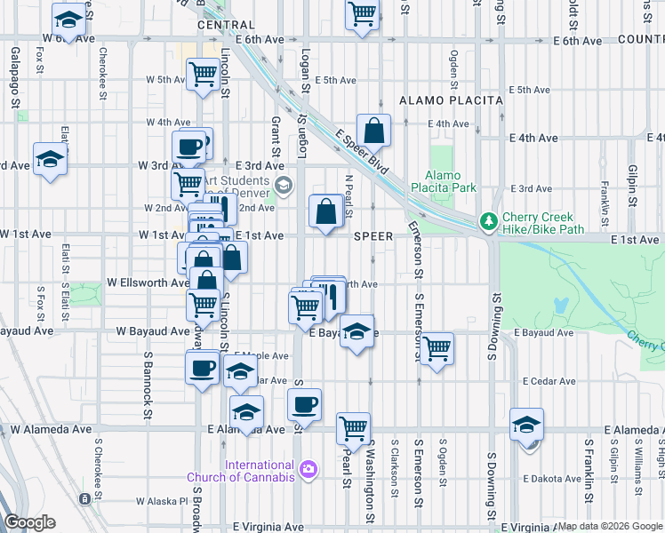 map of restaurants, bars, coffee shops, grocery stores, and more near 17 Pearl Street in Denver