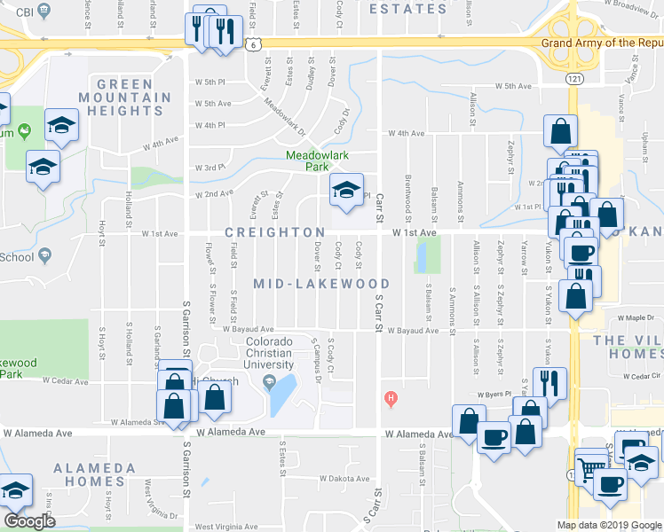 map of restaurants, bars, coffee shops, grocery stores, and more near 20 South Cody Court in Lakewood