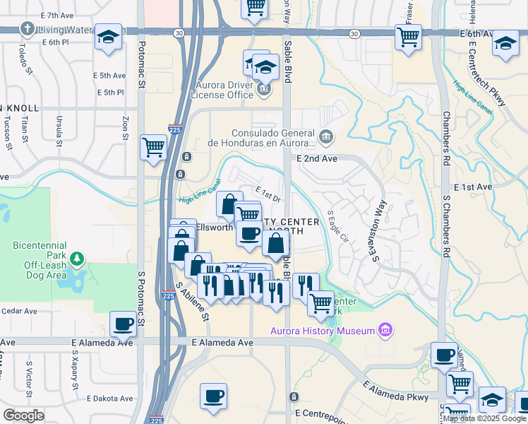 map of restaurants, bars, coffee shops, grocery stores, and more near 14216 East 1st Drive in Aurora