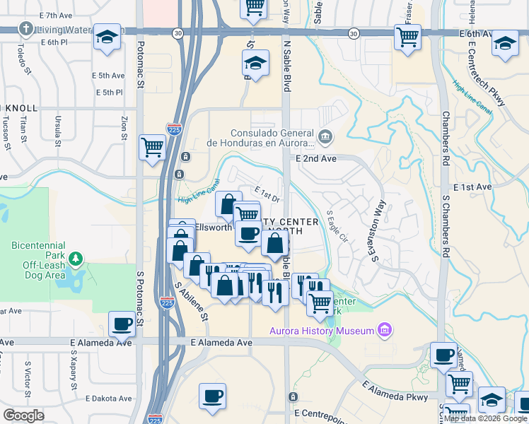 map of restaurants, bars, coffee shops, grocery stores, and more near 14206 East 1st Drive in Aurora