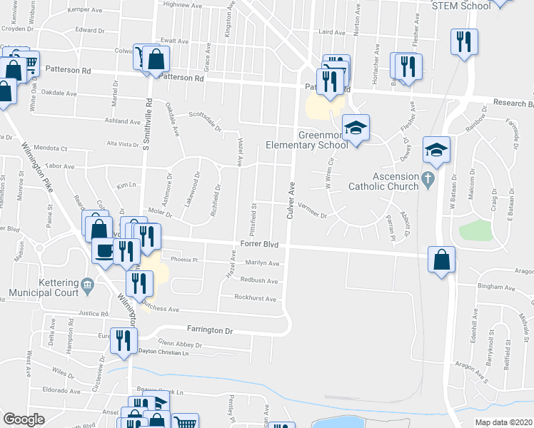 map of restaurants, bars, coffee shops, grocery stores, and more near 2117 Courtland Avenue in Dayton