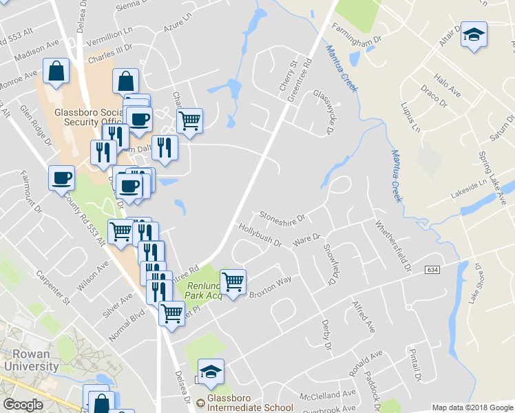 map of restaurants, bars, coffee shops, grocery stores, and more near 23 Redwood Court in Glassboro