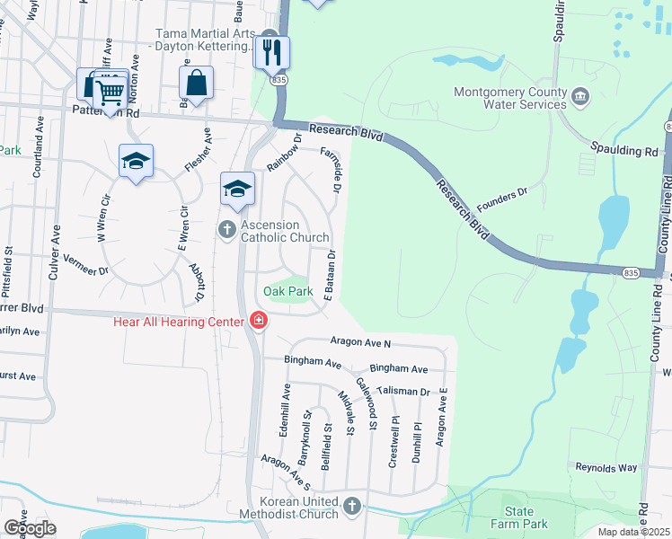 map of restaurants, bars, coffee shops, grocery stores, and more near 2116 East Bataan Drive in Dayton