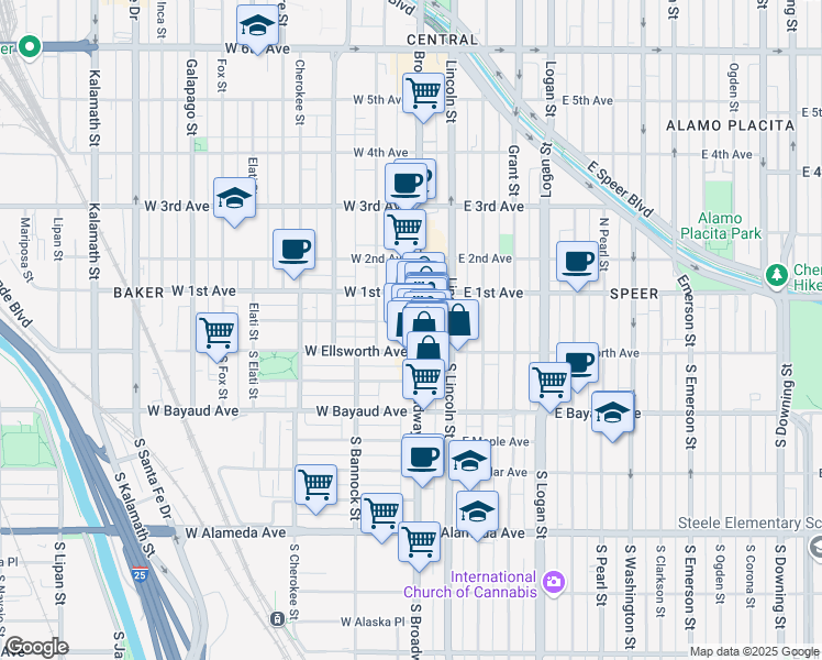 map of restaurants, bars, coffee shops, grocery stores, and more near in Denver