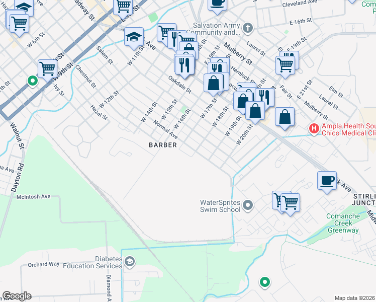 map of restaurants, bars, coffee shops, grocery stores, and more near 1728 Normal Avenue in Chico