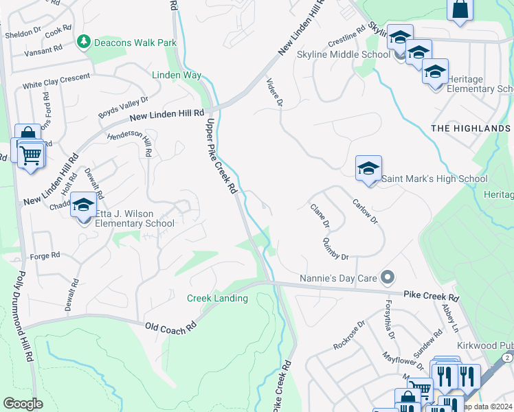 map of restaurants, bars, coffee shops, grocery stores, and more near 232 Upper Pike Creek Road in Newark