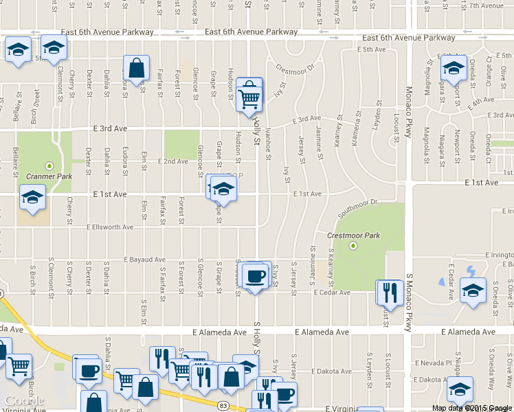 map of restaurants, bars, coffee shops, grocery stores, and more near 47 Holly Street in Denver