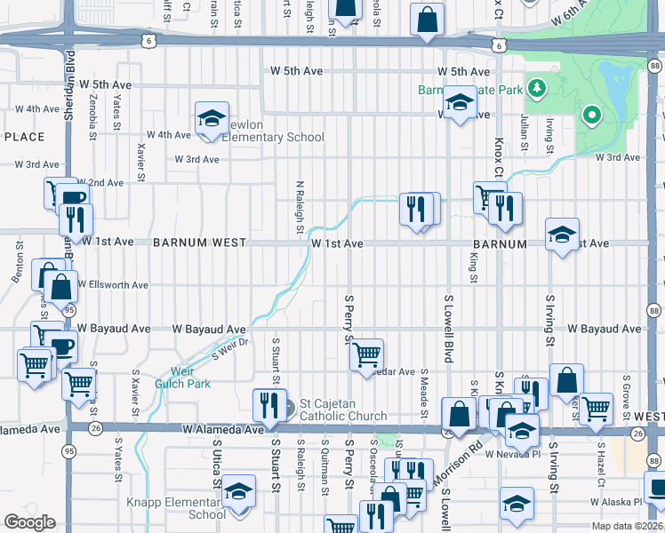 map of restaurants, bars, coffee shops, grocery stores, and more near 34 Quitman Street in Denver