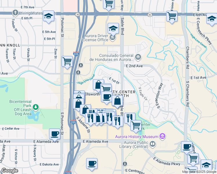 map of restaurants, bars, coffee shops, grocery stores, and more near 14216 East 1st Drive in Aurora